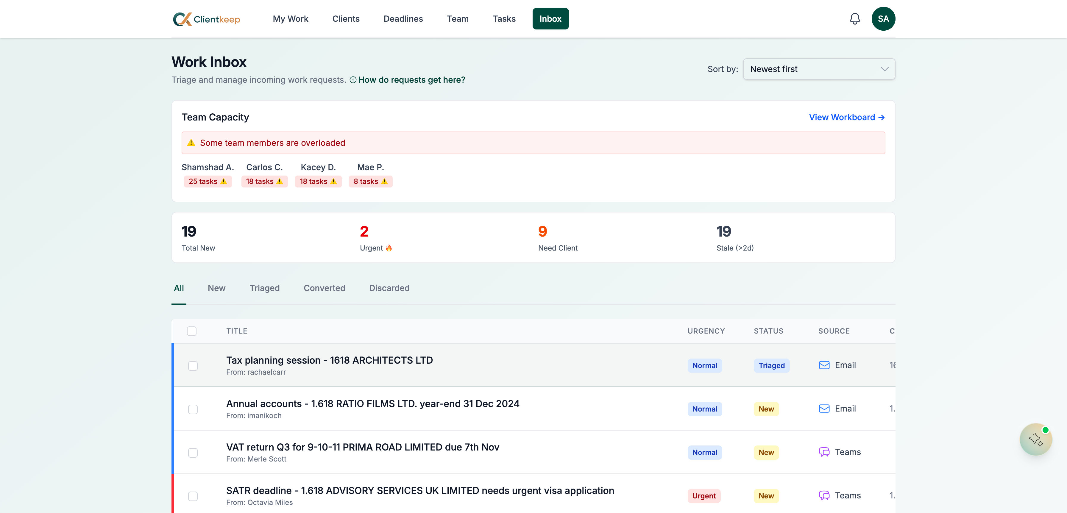 Clientkeep Work Inbox displaying automated client assignment, priority sorting, and structured email triage.